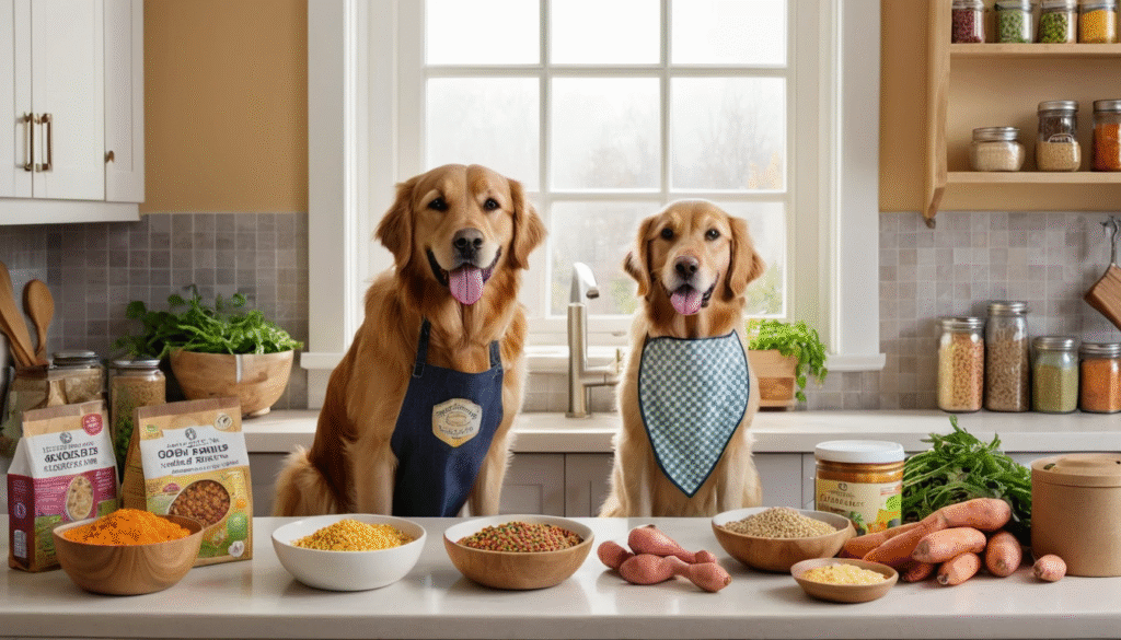 Two golden retrievers wearing aprons sit in a bright kitchen surrounded by bowls of healthy homemade dog food ingredients like sweet potatoes, grains, and vegetables.
