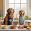 Two golden retrievers wearing aprons sit in a bright kitchen surrounded by bowls of healthy homemade dog food ingredients like sweet potatoes, grains, and vegetables.