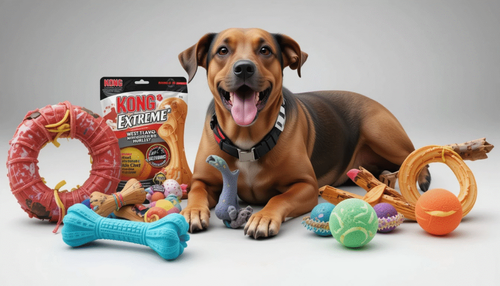Happy dog surrounded by the best dog toys for chewers, including durable rubber bones, chew rings, and KONG Extreme toy.