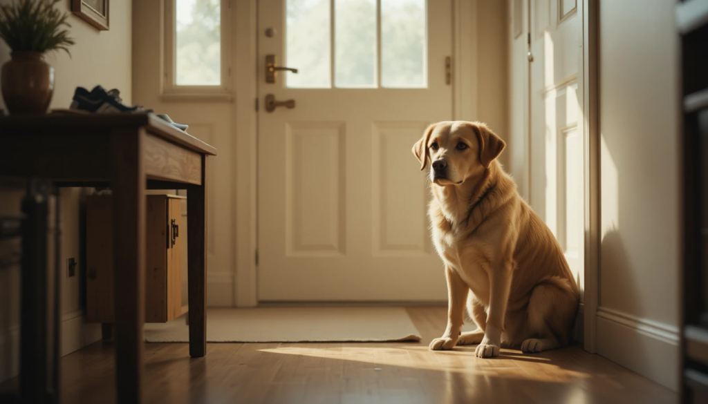 Dog showing signs of dog separation anxiety while sitting alone near the door after owner leaves home