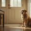 Dog showing signs of dog separation anxiety while sitting alone near the door after owner leaves home