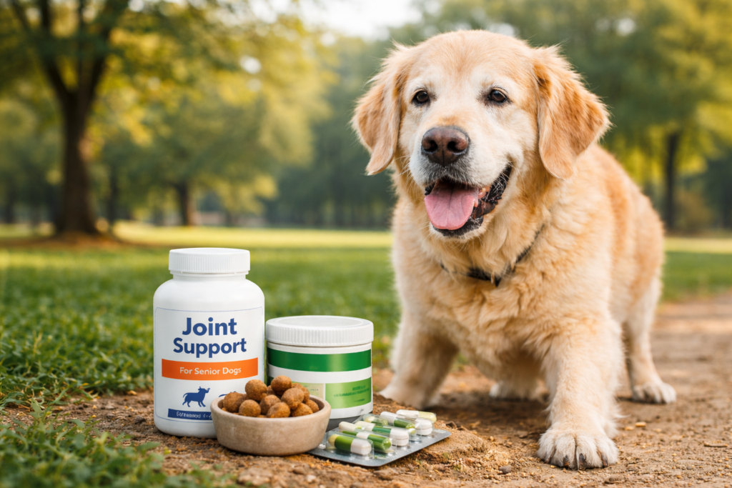 Senior dog with joint supplements during an outdoor walk for joint health support